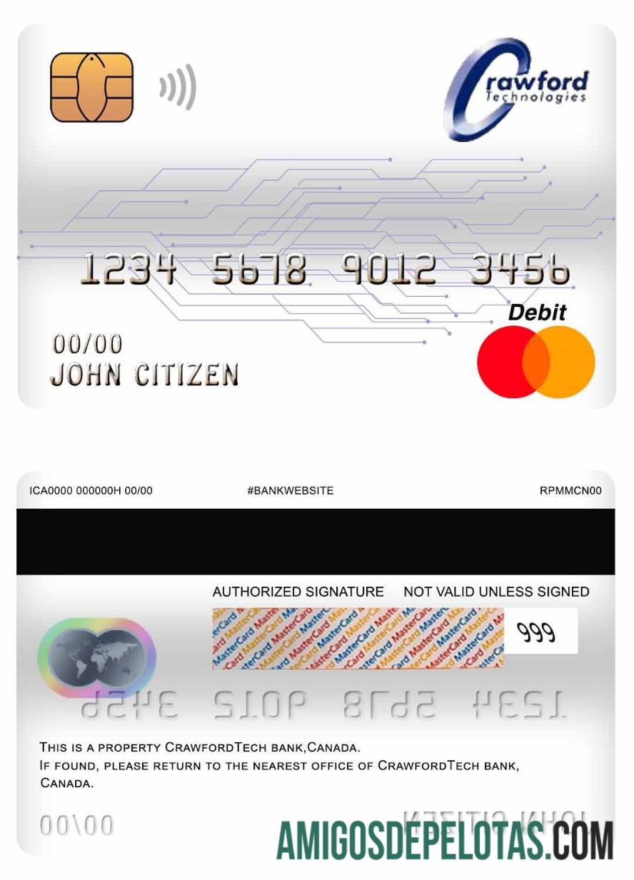 Cartão de débito Canadá Crawfordtech Bank Mastercard exemplo